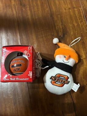 Oklahoma State Cowboys OSU Christmas Ornaments Glass Ball Plush Snowman 2pc